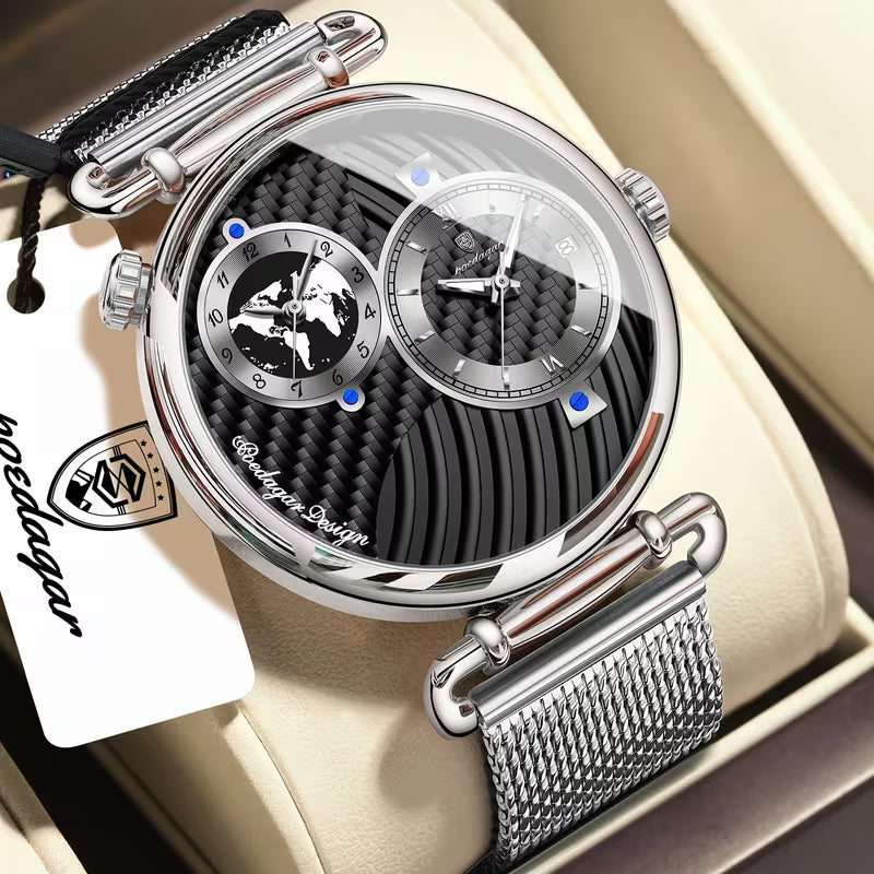 POEDAGAR Reloj para Hombre – Plateado con Malla Metálica, Elegante y Luminoso