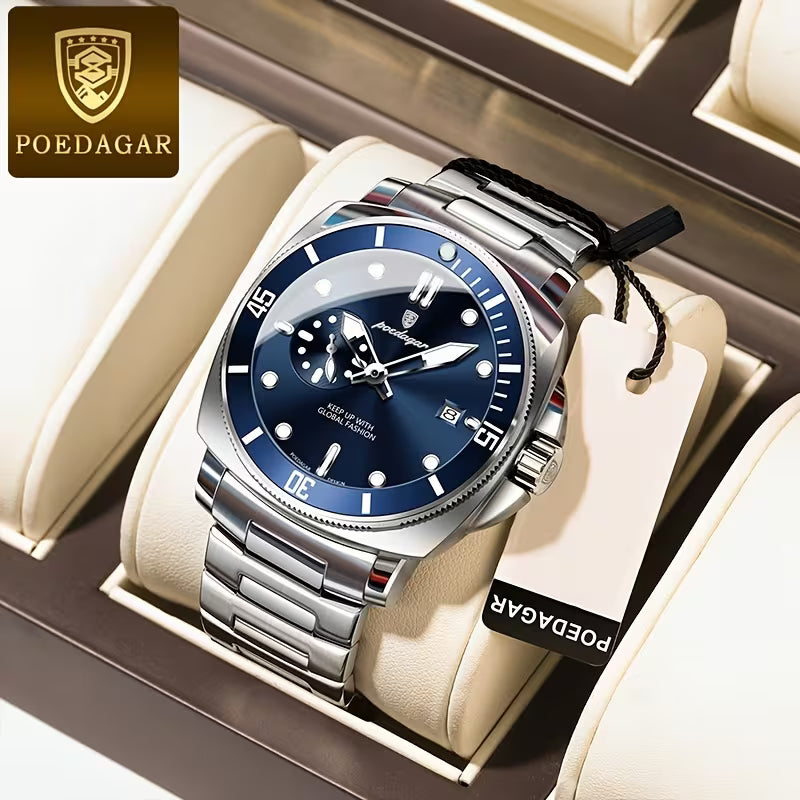 POEDAGAR Reloj para Hombre- Azul Plateado de acero Inoxidable