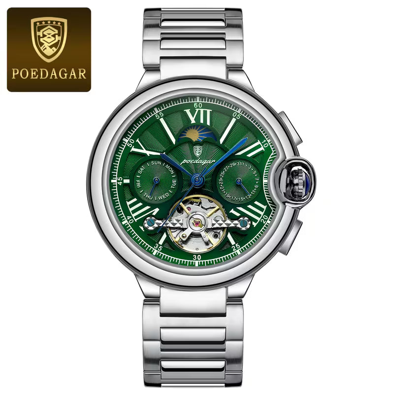 POEDAGAR Automático Verde | Reloj Elegante para Hombre