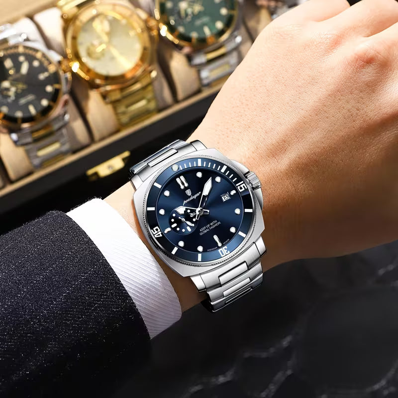 POEDAGAR Reloj para Hombre- Azul Plateado de acero Inoxidable