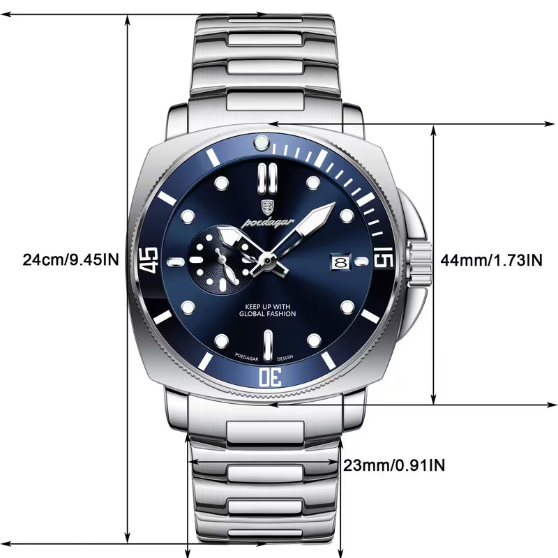 POEDAGAR Reloj para Hombre- Azul Plateado de acero Inoxidable