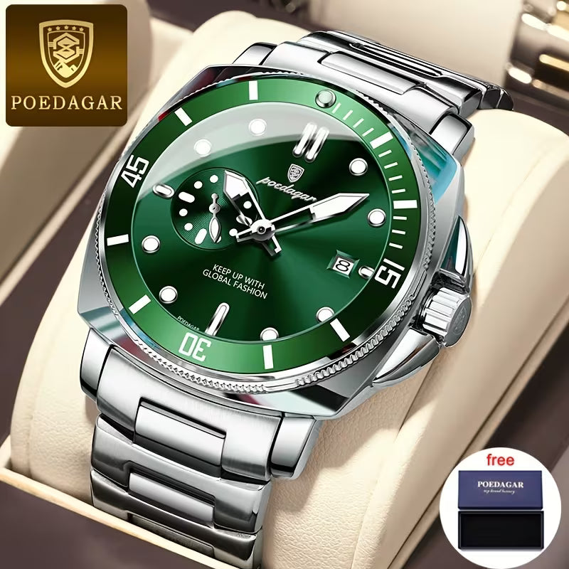 POEDAGAR Reloj para Hombre- Azul Plateado de acero Inoxidable