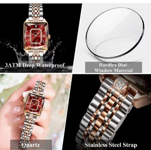 POEDAGAR Reloj para Mujer – Esfera Roja | Elegante Plateado y Oro Rosa