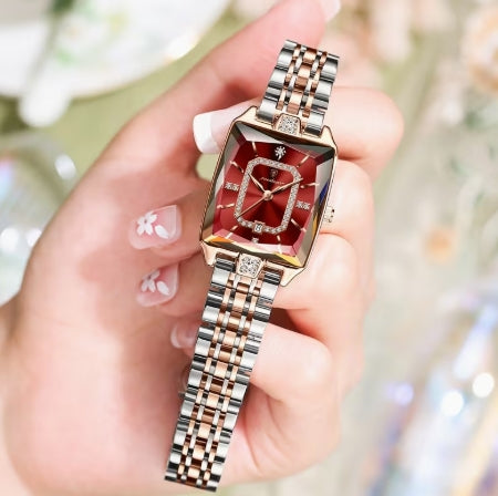 POEDAGAR Reloj para Mujer – Esfera Roja | Elegante Plateado y Oro Rosa