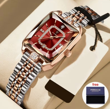 POEDAGAR Reloj para Mujer – Esfera Roja | Elegante Plateado y Oro Rosa