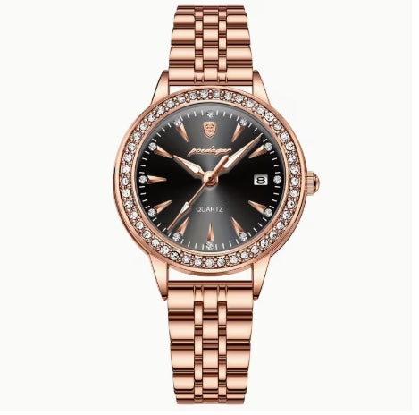 POEDAGAR Mujer Rose Gold – Esfera Negra | Cuarzo Elegante