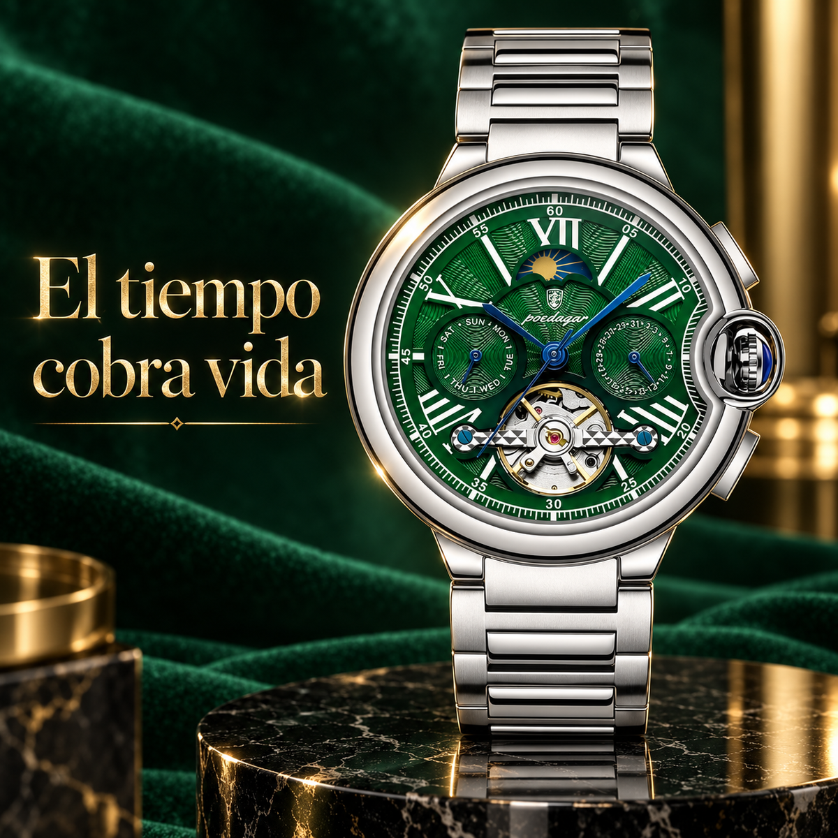 POEDAGAR Automático Verde | Reloj Elegante para Hombre