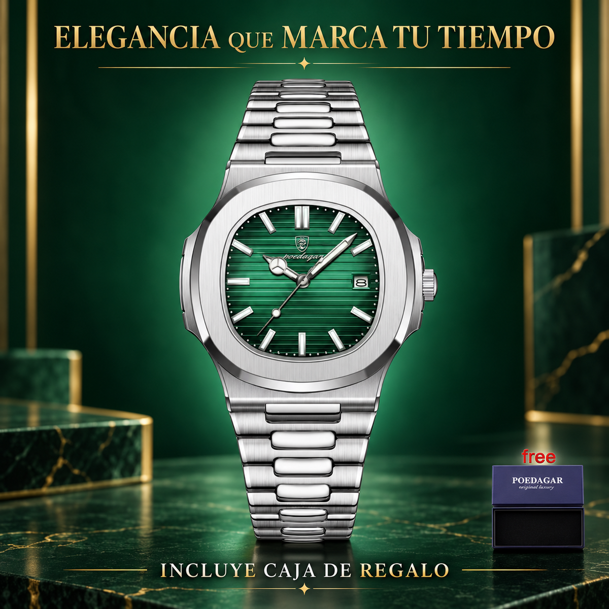 POEDAGR Reloj de hombre de Acero Inoxidable y con Calendario