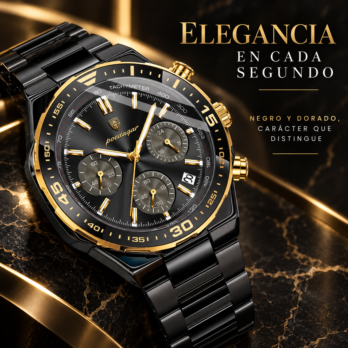POEDAGAR Cronógrafo Negro | reloj premium para Hombre 697