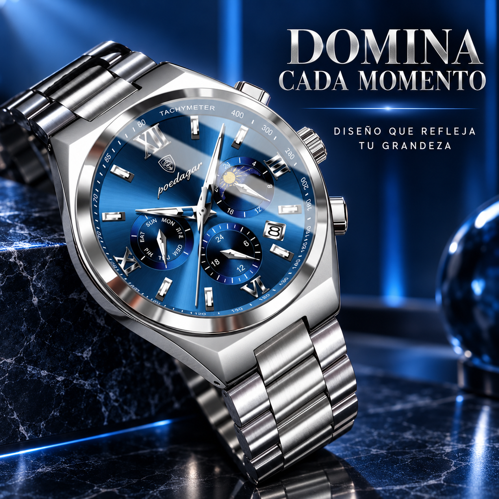 POEDAGAR Reloj para Hombre – Esfera Azul Turquesa y Acabado Plateado