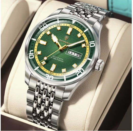 Reloj de hombre de gama alta y moda con esfera redonda, luminoso, impermeable y con calendario, reloj de cuarzo de acero inoxidable de negocios para hombre