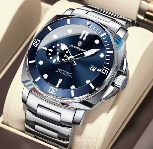 POEDAGAR Reloj para Hombre- Azul Plateado de acero Inoxidable