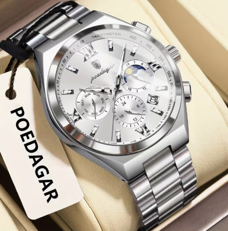 POEDAGAR Reloj para Hombre – Esfera Azul Turquesa y Acabado Plateado