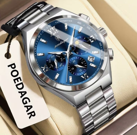 POEDAGAR Reloj para Hombre – Esfera Azul Turquesa y Acabado Plateado